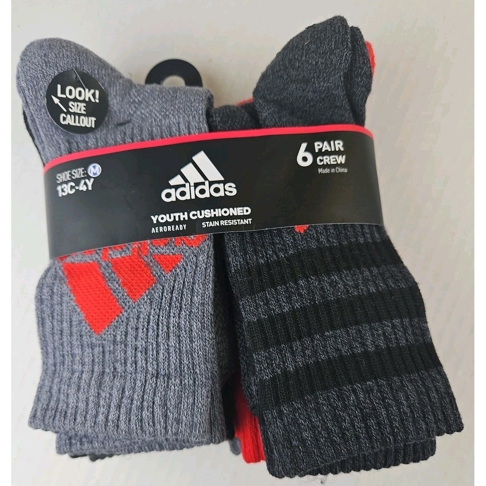6 Adidas Youth Size M 13C-4Y Cushioned Aeroready Crew‎ Socks Black,Gray,Red 775